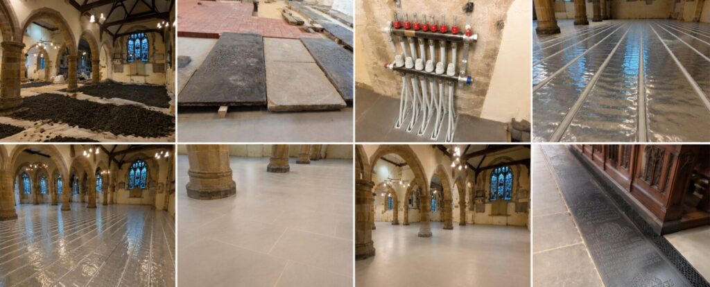 Wadhurst Church Gallery | UFHN LTD. The underfloor heating specialists Historic stone hall under renovation with arched columns and piles of dark rubble on the floor under construction lighting visible in the background.